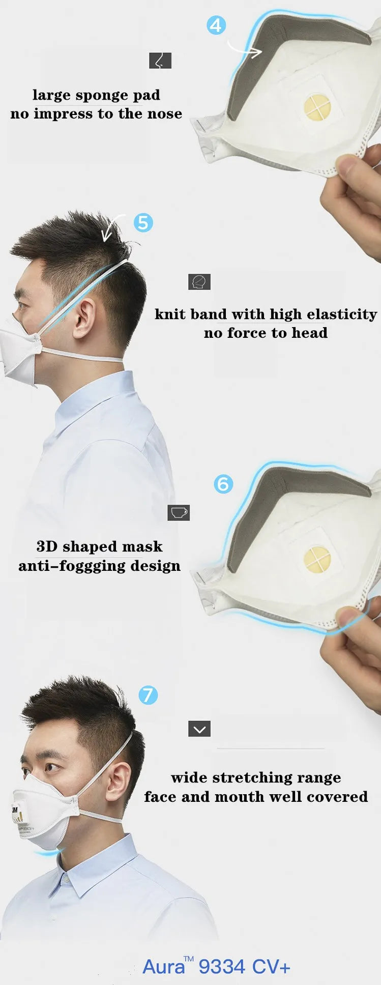 3M Aura Mascarilla 9334 9334CV Dust KN95 Mouth Masks Protective Filter Dust-proof Anti-fog Safety Face Mask 3M Mascarillas