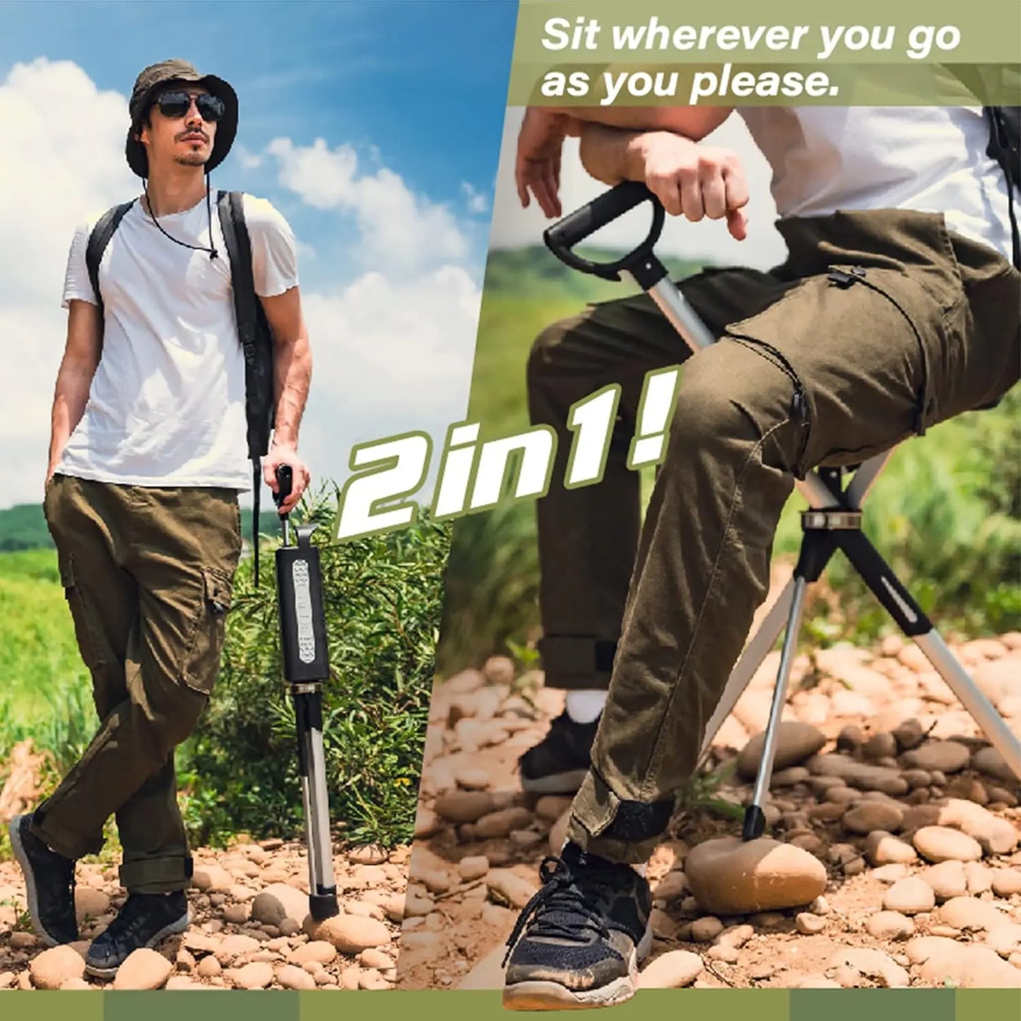 Chair Series 2- Portable Walking Stick, Cane with Seat, Foldable Chair, Hiking Stick, for Camping, Hiking, Lightweight Aluminum,