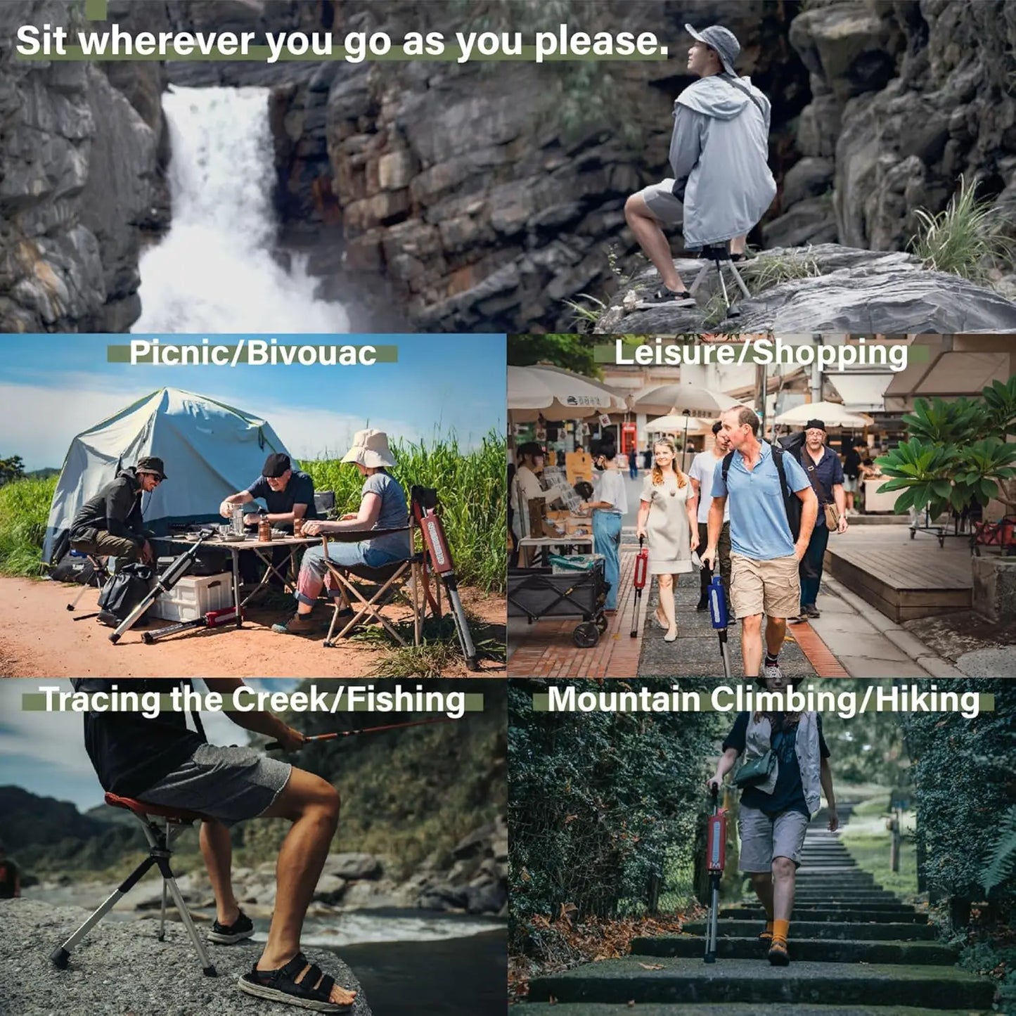 Chair Series 2- Portable Walking Stick, Cane with Seat, Foldable Chair, Hiking Stick, for Camping, Hiking, Lightweight Aluminum,