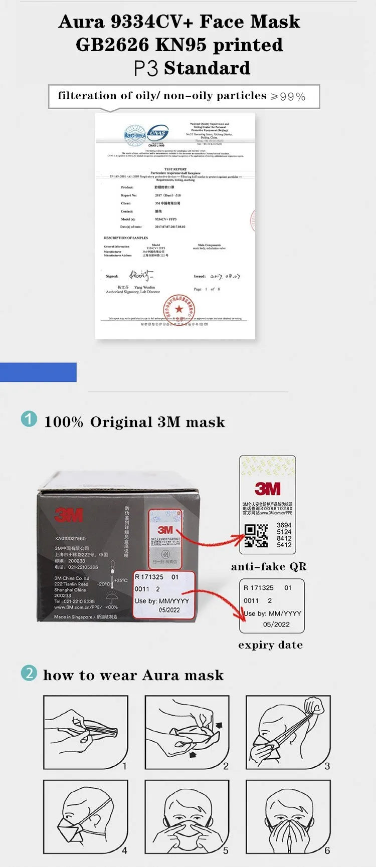 3M Aura Mascarilla 9334 9334CV Dust KN95 Mouth Masks Protective Filter Dust-proof Anti-fog Safety Face Mask 3M Mascarillas